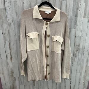 Bohme Brown Cream Ribbed Pockets Cardigan Shacket Coatigan Womens Size M/L